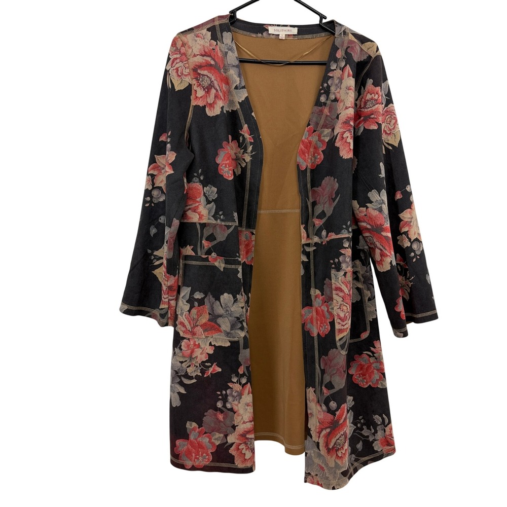 Solitaire Jacket Womens Size Large Black Floral Open Front Longline Pockets